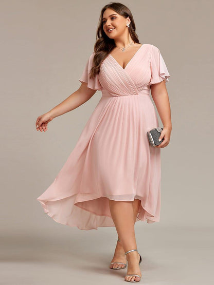 ever FAYE|Chic V Neck Asymmetrical Hem Ruffles Sleeve Pleated Chiffon Wedding Guest Dress