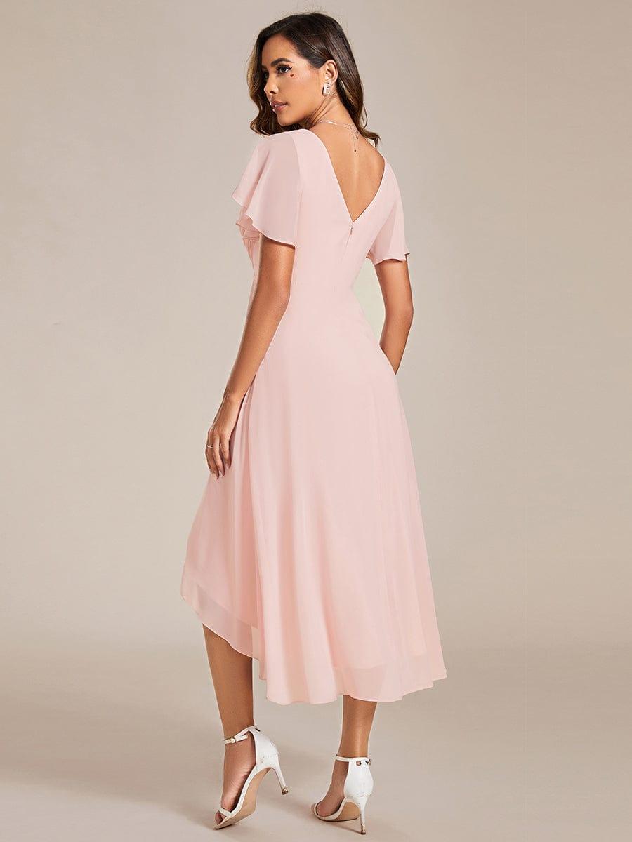 ever FAYE|Chic V Neck Asymmetrical Hem Ruffles Sleeve Pleated Chiffon Wedding Guest Dress
