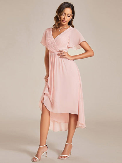 ever FAYE|Chic V Neck Asymmetrical Hem Ruffles Sleeve Pleated Chiffon Wedding Guest Dress