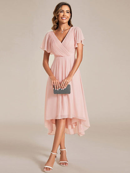 ever FAYE|Chic V Neck Asymmetrical Hem Ruffles Sleeve Pleated Chiffon Wedding Guest Dress