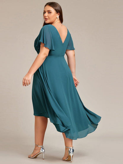 ever FAYE|Chic V Neck Asymmetrical Hem Ruffles Sleeve Pleated Chiffon Wedding Guest Dress