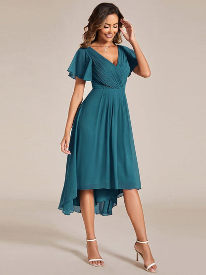 ever FAYE|Chic V Neck Asymmetrical Hem Ruffles Sleeve Pleated Chiffon Wedding Guest Dress