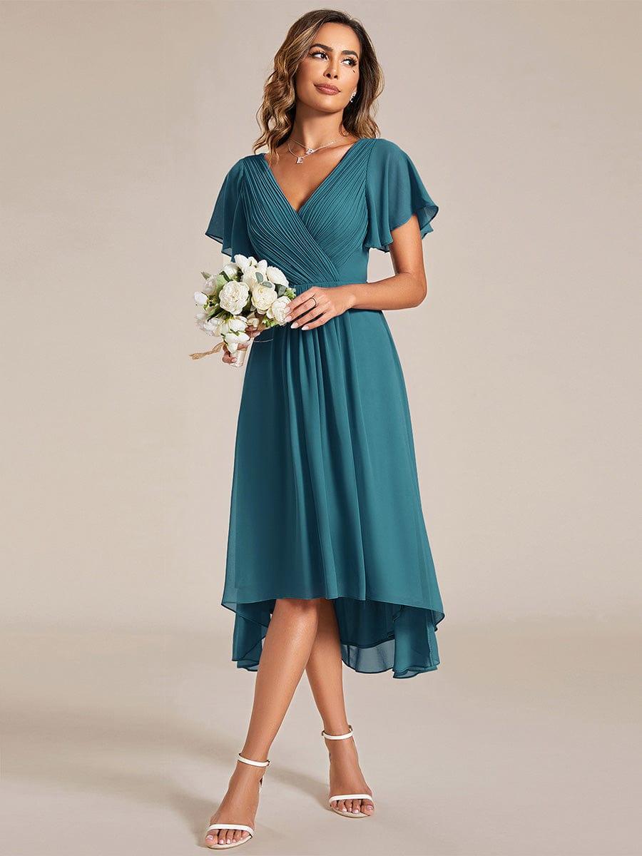 ever FAYE|Chic V Neck Asymmetrical Hem Ruffles Sleeve Pleated Chiffon Wedding Guest Dress