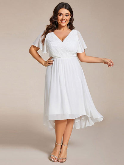 pretty FAYE|Plus Size Double V-Neck Ruffles Sleeve Chiffon Midi Wedding Guest Dress