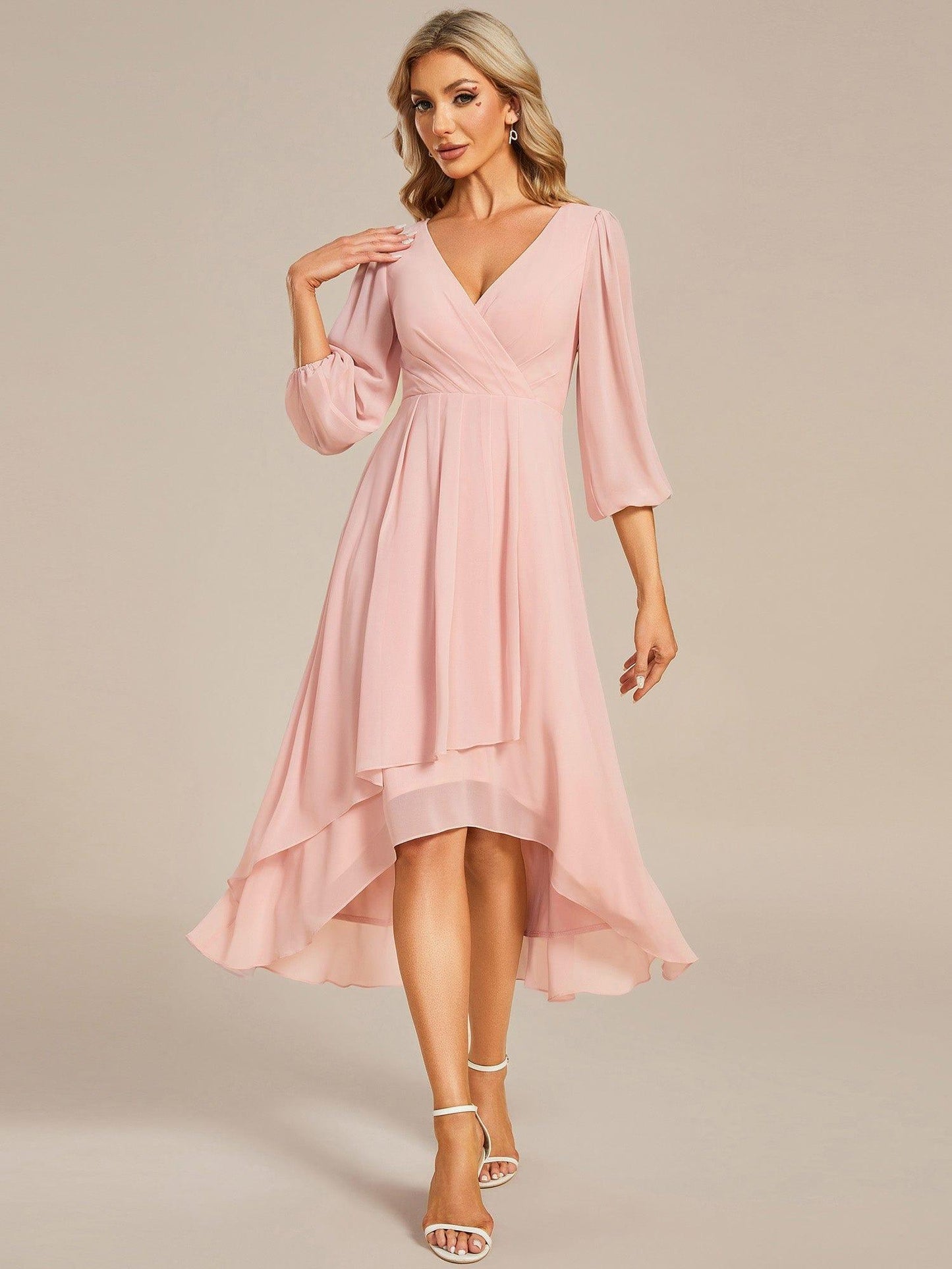 ever BRIAR|3/4 Sleeves Asymmetrical Hem A-Line Midi Wedding Guest Dress