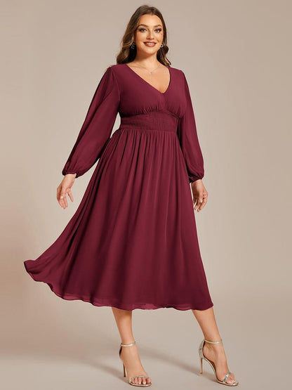 ever AMARA|Chiffon V-Neck Long Sleeves Elastic Band Midi Wedding Guest Dress