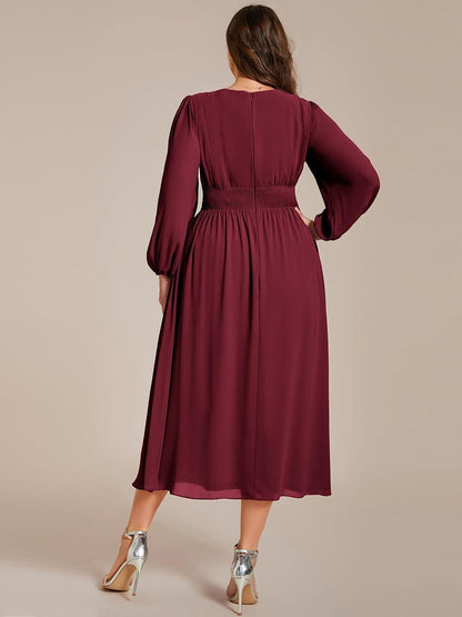 ever AMARA|Chiffon V-Neck Long Sleeves Elastic Band Midi Wedding Guest Dress