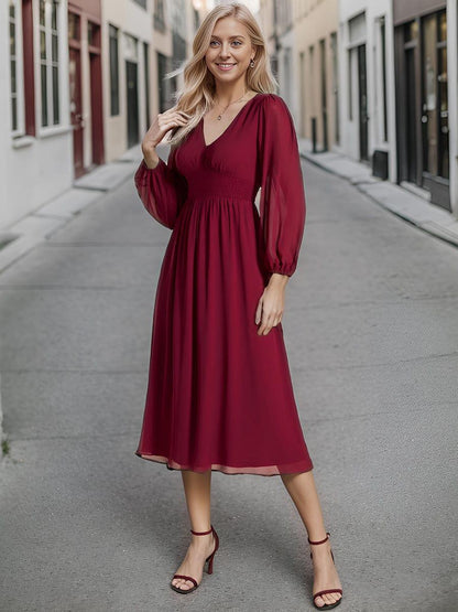 ever AMARA|Chiffon V-Neck Long Sleeves Elastic Band Midi Wedding Guest Dress