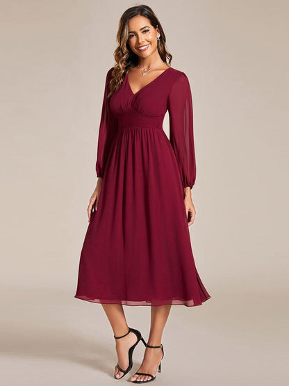 ever AMARA|Chiffon V-Neck Long Sleeves Elastic Band Midi Wedding Guest Dress