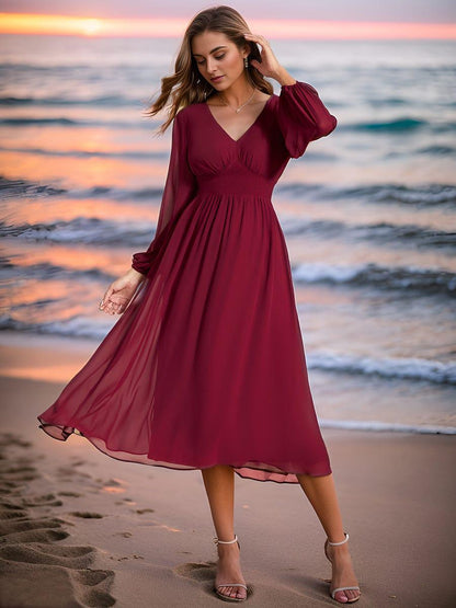 ever AMARA|Chiffon V-Neck Long Sleeves Elastic Band Midi Wedding Guest Dress
