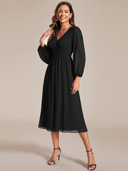 ever AMARA|Chiffon V-Neck Long Sleeves Elastic Band Midi Wedding Guest Dress