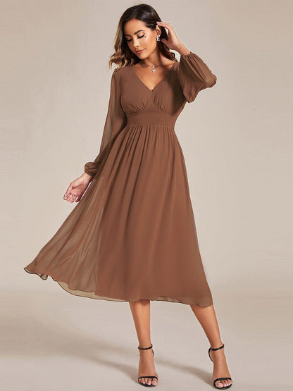 ever AMARA|Chiffon V-Neck Long Sleeves Elastic Band Midi Wedding Guest Dress