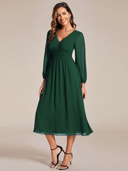 ever AMARA|Chiffon V-Neck Long Sleeves Elastic Band Midi Wedding Guest Dress