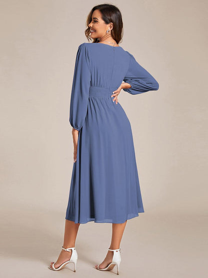 ever AMARA|Chiffon V-Neck Long Sleeves Elastic Band Midi Wedding Guest Dress