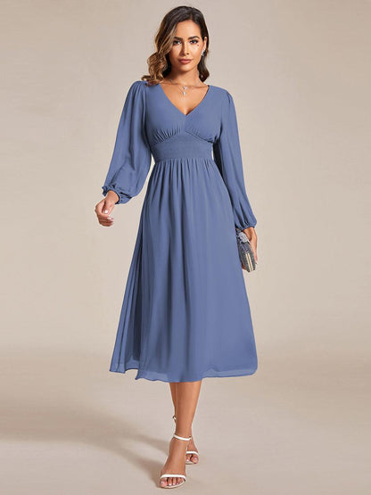 ever AMARA|Chiffon V-Neck Long Sleeves Elastic Band Midi Wedding Guest Dress