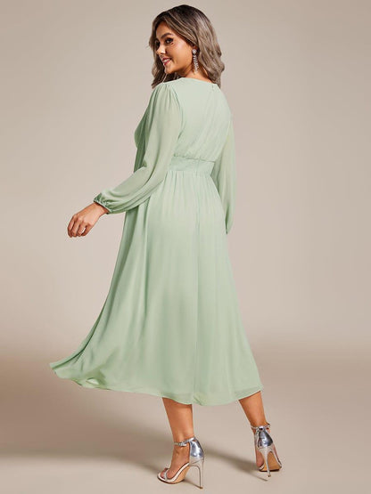 ever AMARA|Chiffon V-Neck Long Sleeves Elastic Band Midi Wedding Guest Dress