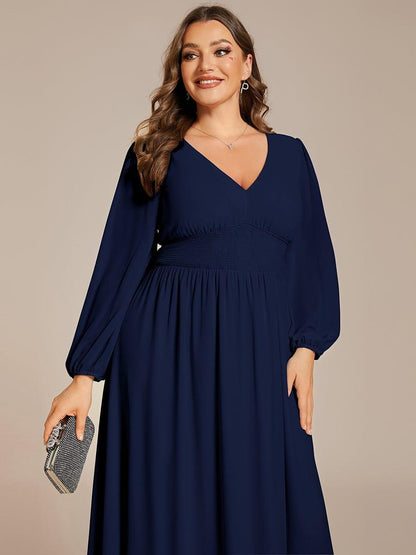 ever AMARA|Chiffon V-Neck Long Sleeves Elastic Band Midi Wedding Guest Dress