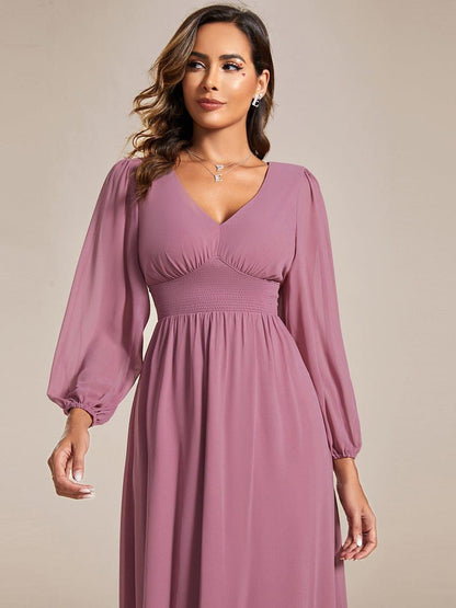 ever AMARA|Chiffon V-Neck Long Sleeves Elastic Band Midi Wedding Guest Dress