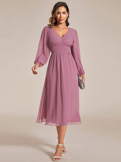 ever AMARA|Chiffon V-Neck Long Sleeves Elastic Band Midi Wedding Guest Dress