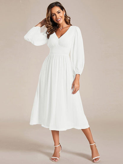 ever AMARA|Chiffon V-Neck Long Sleeves Elastic Band Midi Wedding Guest Dress