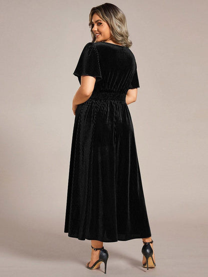 ever AZALEA|Graceful V-Neck Waist Design Short Sleeves Fall Velvet Midi Bridesmaid Dress