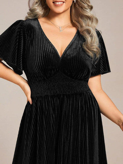 ever AZALEA|Graceful V-Neck Waist Design Short Sleeves Fall Velvet Midi Bridesmaid Dress
