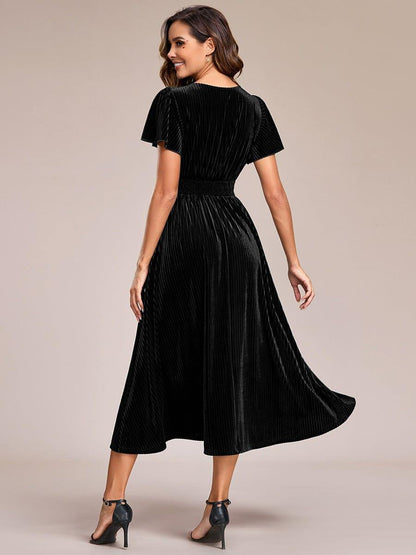 ever AZALEA|V-Neck Waist Pleated Design Short Sleeves Fall Velvet Midi Evening Dress