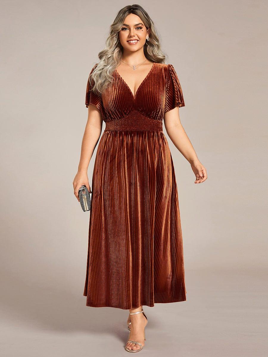 ever AZALEA|Graceful V-Neck Waist Design Short Sleeves Fall Velvet Midi Bridesmaid Dress