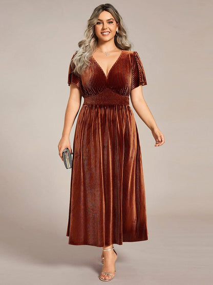 ever AZALEA|Graceful V-Neck Waist Design Short Sleeves Fall Velvet Midi Bridesmaid Dress
