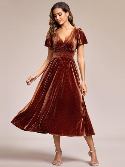 ever AZALEA|Graceful V-Neck Waist Design Short Sleeves Fall Velvet Midi Bridesmaid Dress