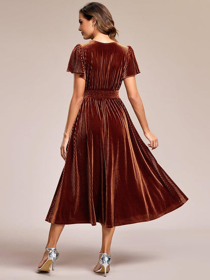 ever AZALEA|V-Neck Waist Pleated Design Short Sleeves Fall Velvet Midi Evening Dress