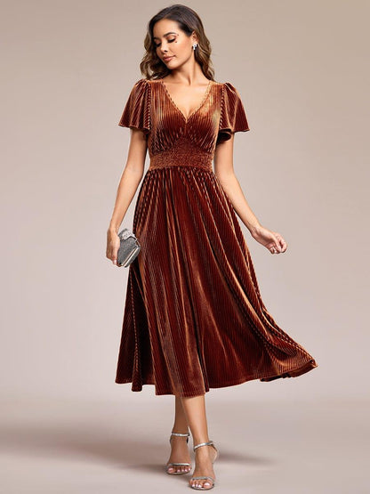 ever AZALEA|V-Neck Waist Pleated Design Short Sleeves Fall Velvet Midi Evening Dress
