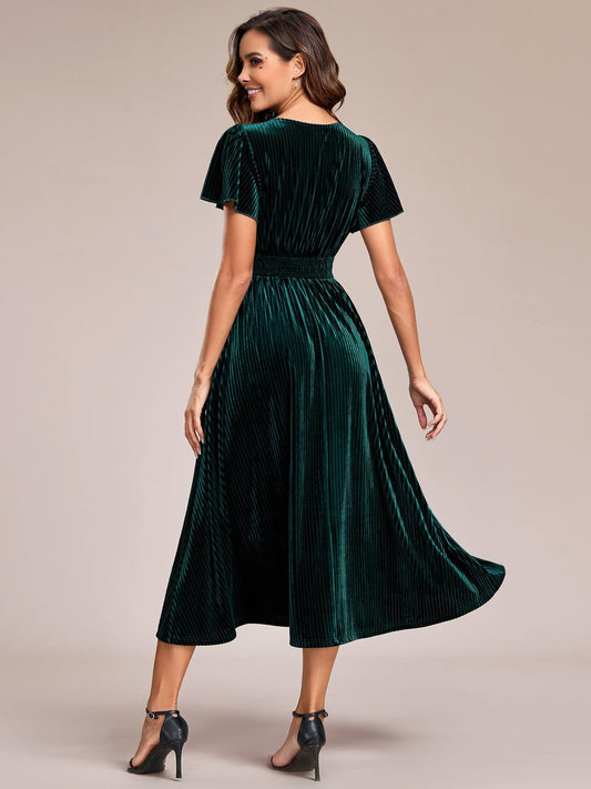 ever AZALEA|V-Neck Waist Pleated Design Short Sleeves Fall Velvet Midi Evening Dress