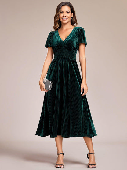 ever AZALEA|Graceful V-Neck Waist Design Short Sleeves Fall Velvet Midi Bridesmaid Dress
