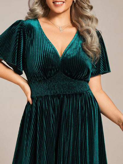 ever AZALEA|V-Neck Waist Pleated Design Short Sleeves Fall Velvet Midi Evening Dress