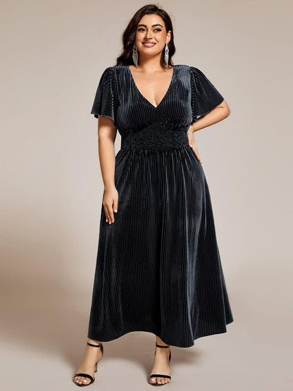 ever AZALEA|Graceful V-Neck Waist Design Short Sleeves Fall Velvet Midi Bridesmaid Dress