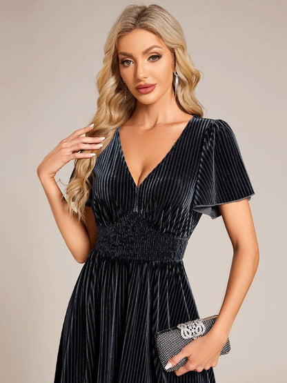 ever AZALEA|Graceful V-Neck Waist Design Short Sleeves Fall Velvet Midi Bridesmaid Dress