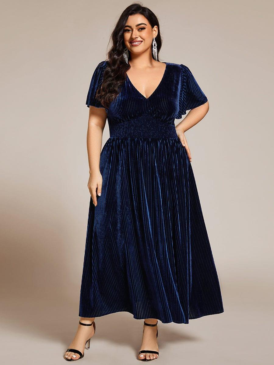 ever AZALEA|V-Neck Waist Pleated Design Short Sleeves Fall Velvet Midi Evening Dress