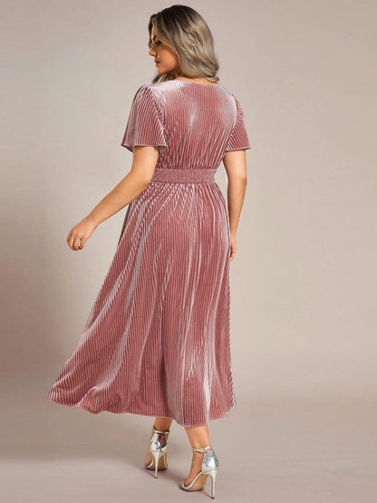 ever AZALEA|V-Neck Waist Pleated Design Short Sleeves Fall Velvet Midi Evening Dress