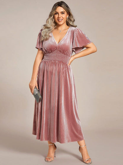 ever AZALEA|Graceful V-Neck Waist Design Short Sleeves Fall Velvet Midi Bridesmaid Dress