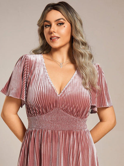 pretty AZALEA|Plus Size A-line V-Neck Short Sleeve Pleated Velvet Fall Wedding Guest Dress