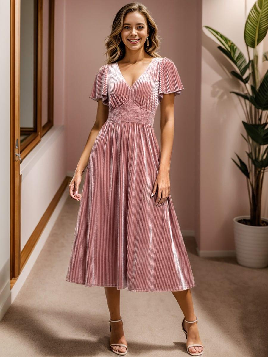 ever AZALEA|V-Neck Waist Pleated Design Short Sleeves Fall Velvet Midi Evening Dress
