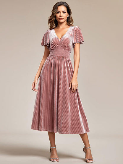ever AZALEA|V-Neck Waist Pleated Design Short Sleeves Fall Velvet Midi Evening Dress
