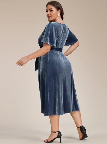 ever LENNA|One-Piece Type Short Sleeves V-Neck Velvet Midi Mother of the Bride Dress
