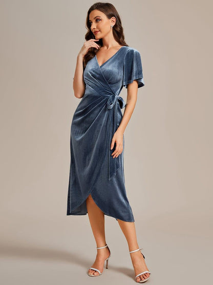 ever LENNA|One-Piece Type Short Sleeves V-Neck Velvet Midi Mother of the Bride Dress