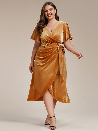 ever LENNA|One-Piece Type Short Sleeves V-Neck Velvet Midi Mother of the Bride Dress