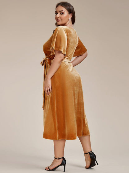 pretty LENNA|Plus Size V-Neck Ruffles Sleeve Velvet One-Piece Type Wedding Guest Dress