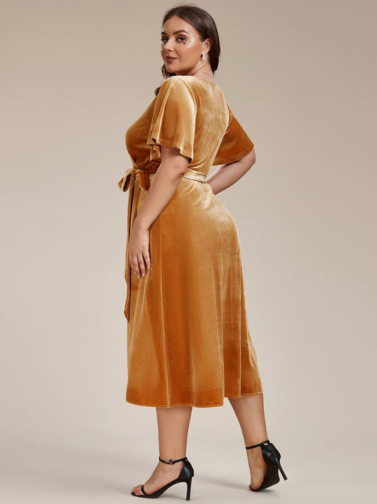 pretty LENNA|Plus Size V-Neck Ruffles Sleeve Velvet One-Piece Type Wedding Guest Dress