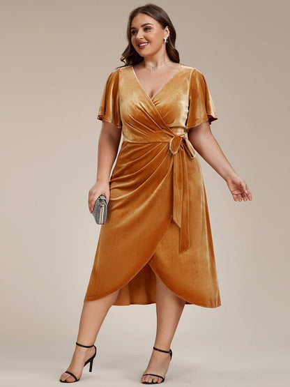 ever LENNA|One-Piece Type Short Sleeves V-Neck Velvet Midi Wedding Guest Dress