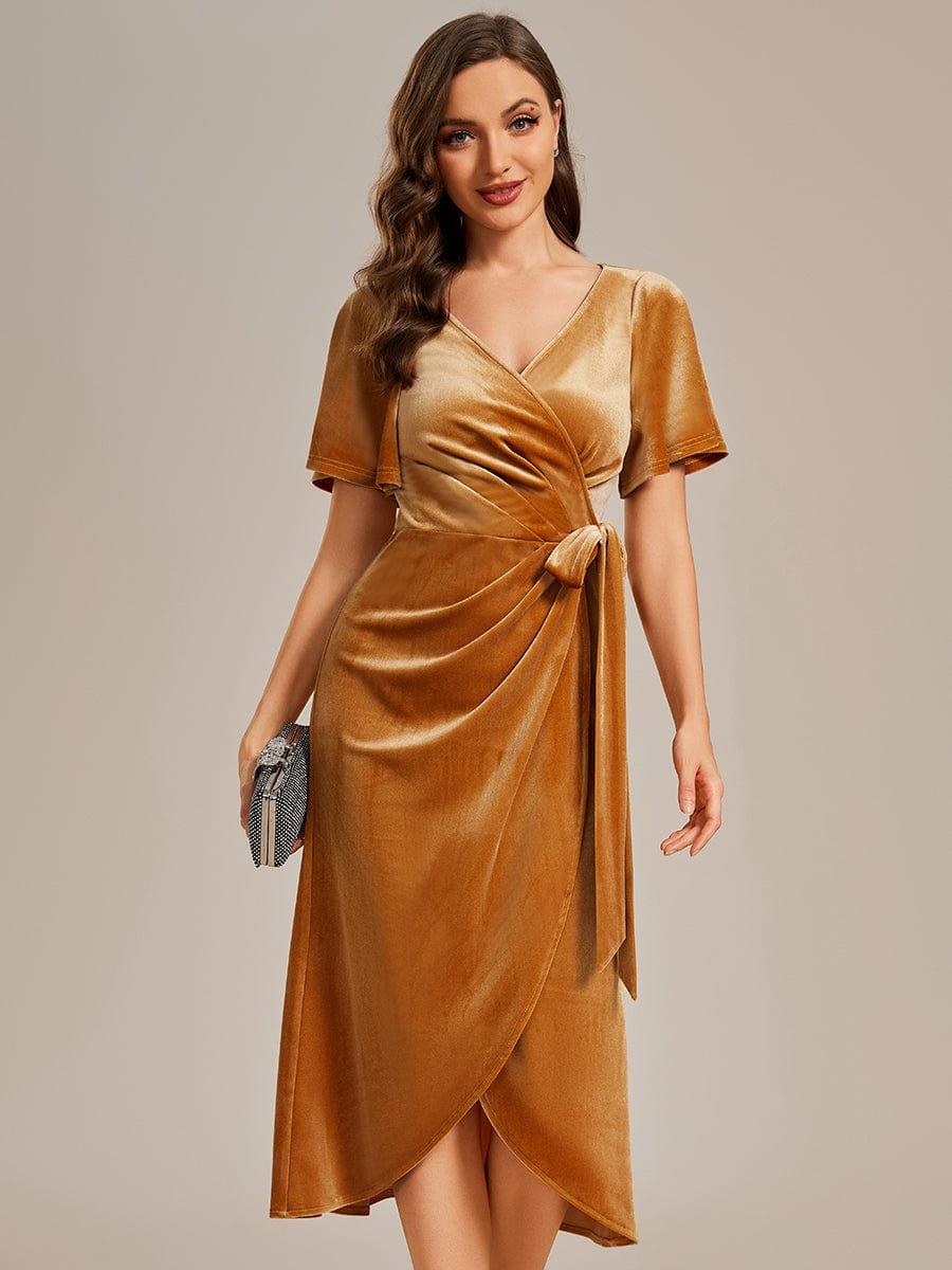 ever LENNA|One-Piece Type Short Sleeves V-Neck Velvet Midi Mother of the Bride Dress